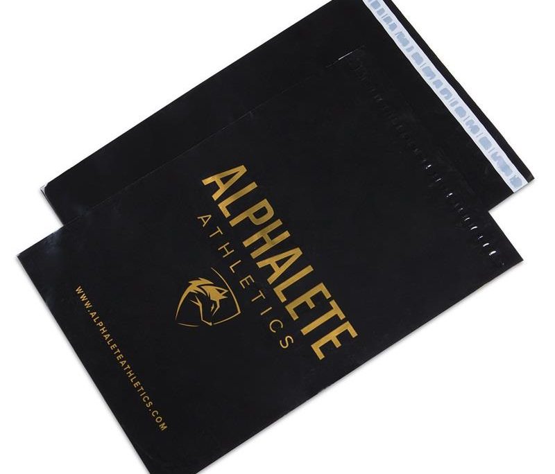 custom glossy black poly mailers with gold printing