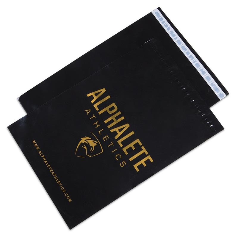 custom glossy black poly mailers with gold printing
