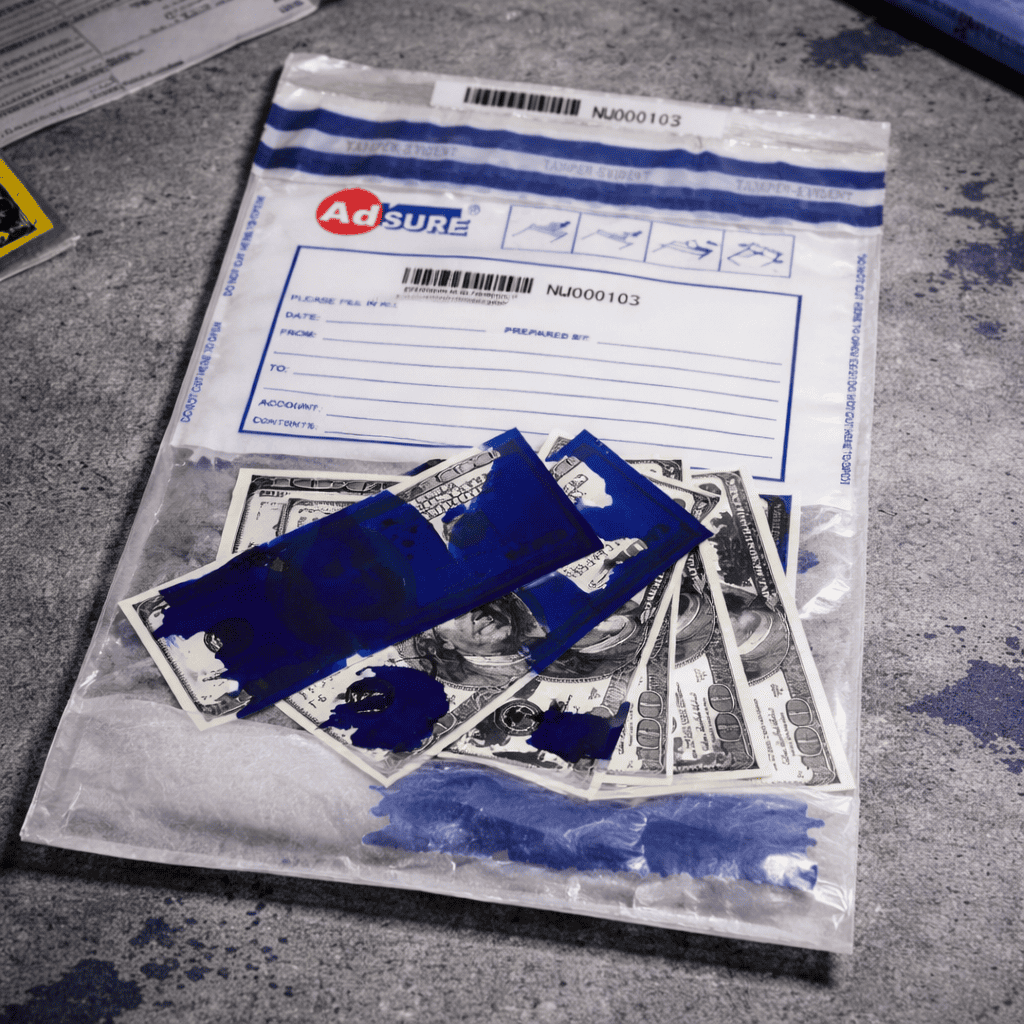 Tamper-evident dye bag with stained US dollar bills.