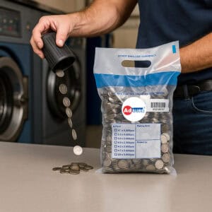 Coin deposit bag filled with coins on a table in a laundromat back office
