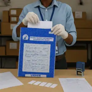 Exam staff sealing test papers and answer sheets in tamper-evident confidential document bag