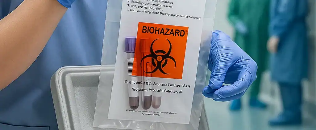 Nurse-placing-tamper-evident-specimen-bag-with-biohazard-symbol-into-cooler