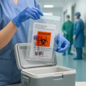 Nurse placing tamper-evident specimen bag with biohazard symbol into cooler