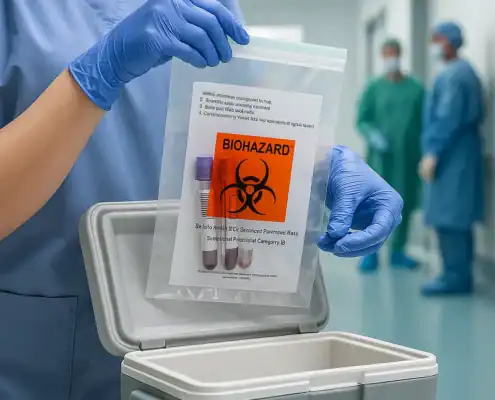 Nurse-placing-tamper-evident-specimen-bag-with-biohazard-symbol-into-cooler
