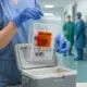 Nurse-placing-tamper-evident-specimen-bag-with-biohazard-symbol-into-cooler