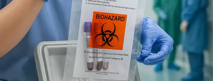 Nurse-placing-tamper-evident-specimen-bag-with-biohazard-symbol-into-cooler