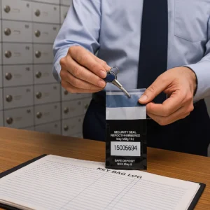 Bank employee sealing a safe deposit box key inside a tamper-evident key bag in front of vault lockers