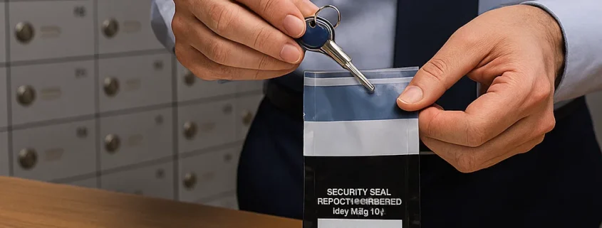 Bank employee sealing a safe deposit box key inside a tamper-evident key bag in front of vault lockers