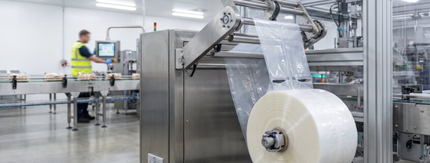 Auto pre-opened bags on rolls feeding into an industrial autobagger machine for high-speed automated packaging