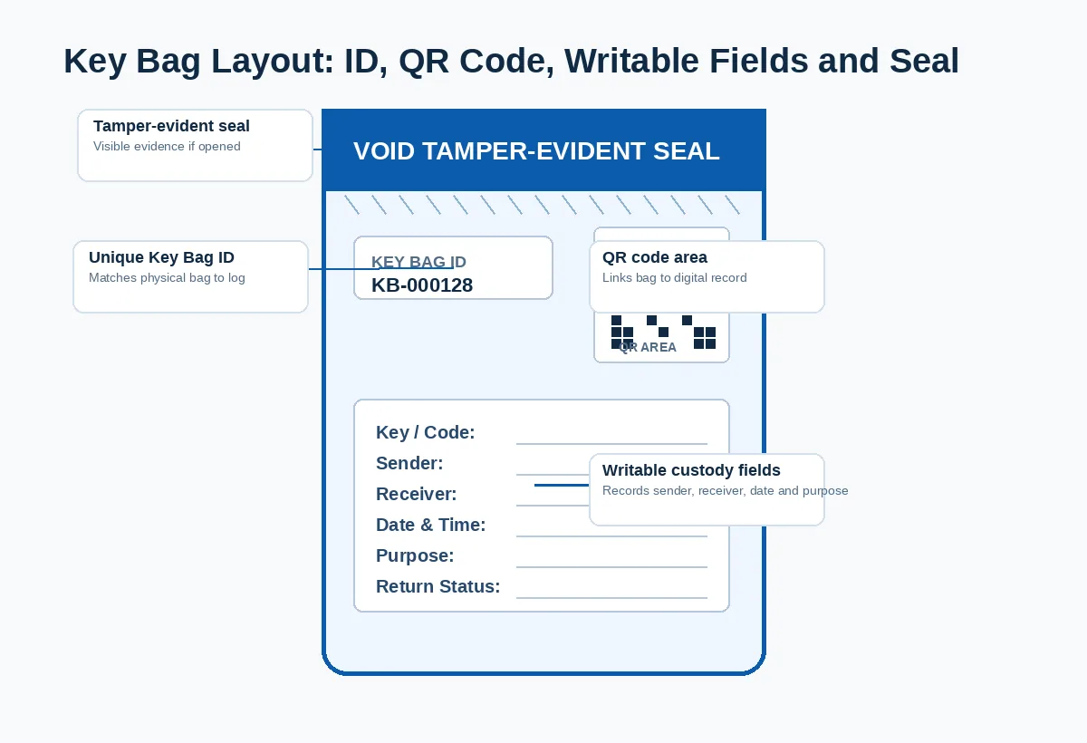 Key bag ID, QR code area, writable fields, and tamper evident seal