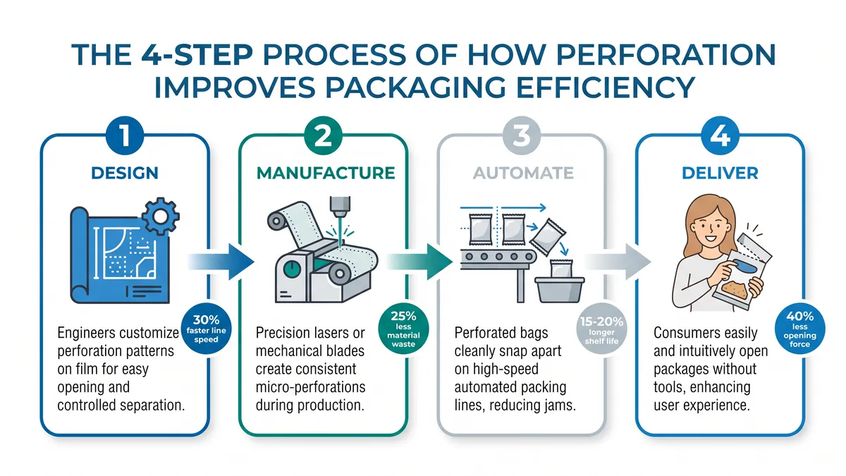 Infographic showing perforation in packaging types benefits and applications including micro-perforation laser perforation and tear notch features