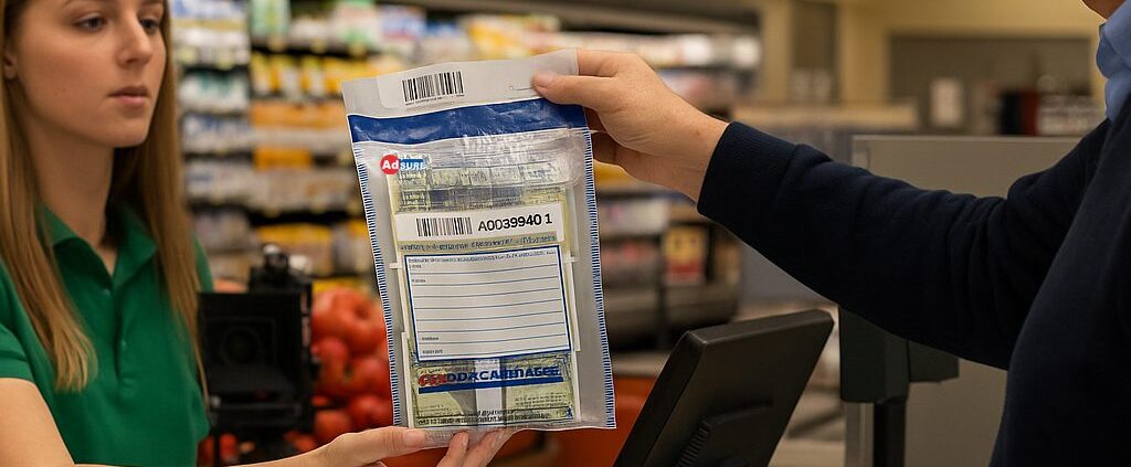 Manager distributing float cash in Adsure tamper-evident bag before store opening