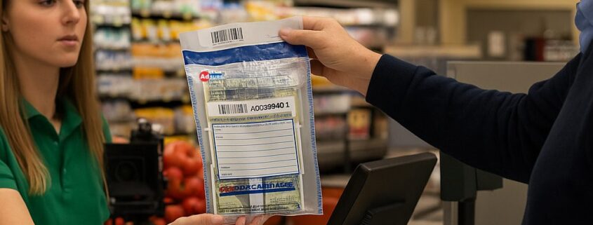 Manager distributing float cash in Adsure tamper-evident bag before store opening