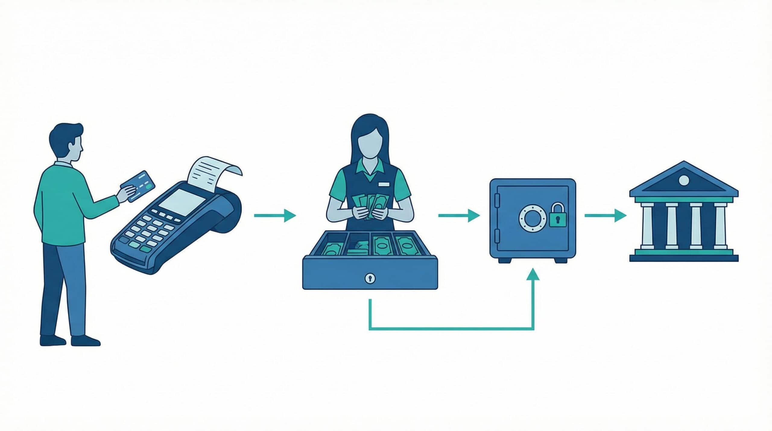 Retail cash management flow from POS to bank deposit
