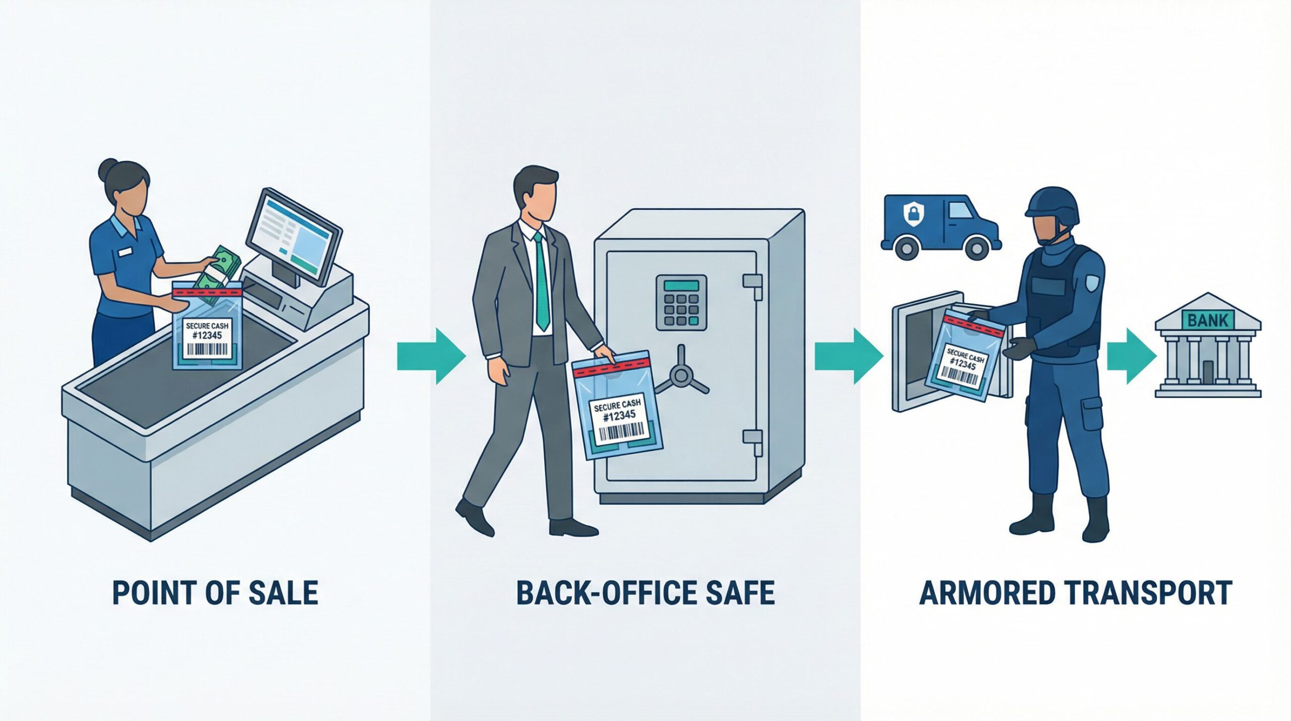 Secure cash transport chain from POS to bank using tamper-evident security bags