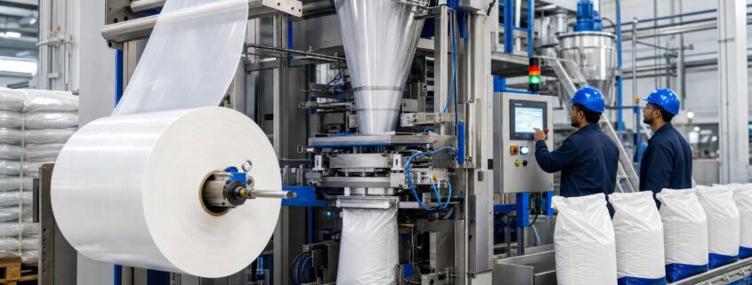 FFS packaging film running smoothly on an industrial form-fill-seal line