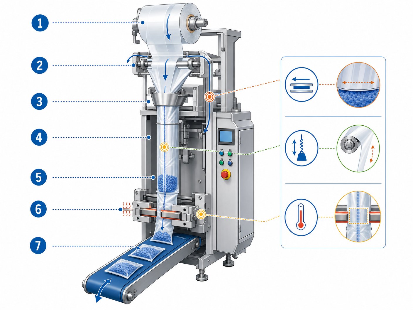 FFS packaging film machineability illustration Film path, COF control points, and sealing station on an FFS machine