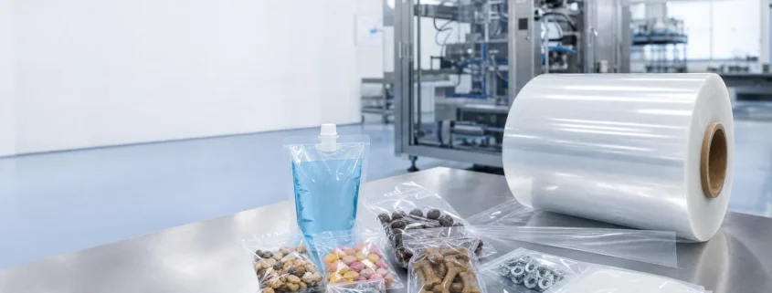 Realistic mono PE FFS film roll and small packaging samples on a packaging line