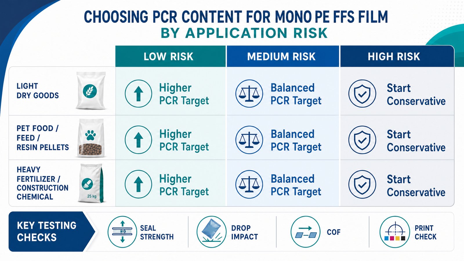 PCR FFS film application testing matrix for different bag weights and product risks