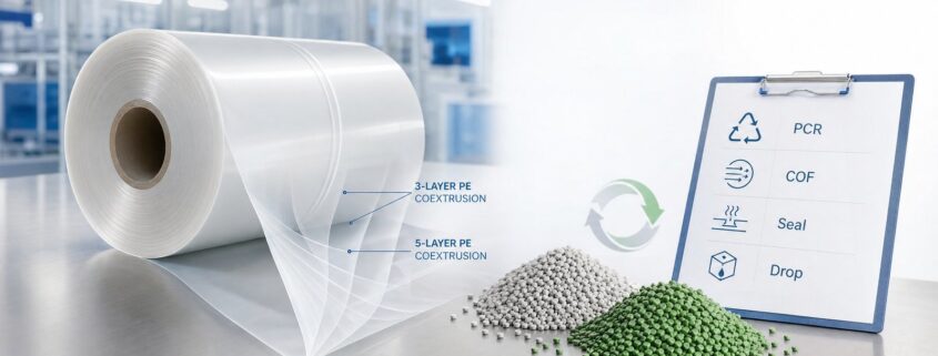 PCR FFS film roll for recyclable mono PE industrial packaging with application testing checklist