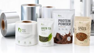 Dry food flexible film rolls and finished pouches for tea, protein powder and spices