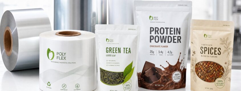 Dry food flexible film rolls and finished pouches for tea, protein powder and spices