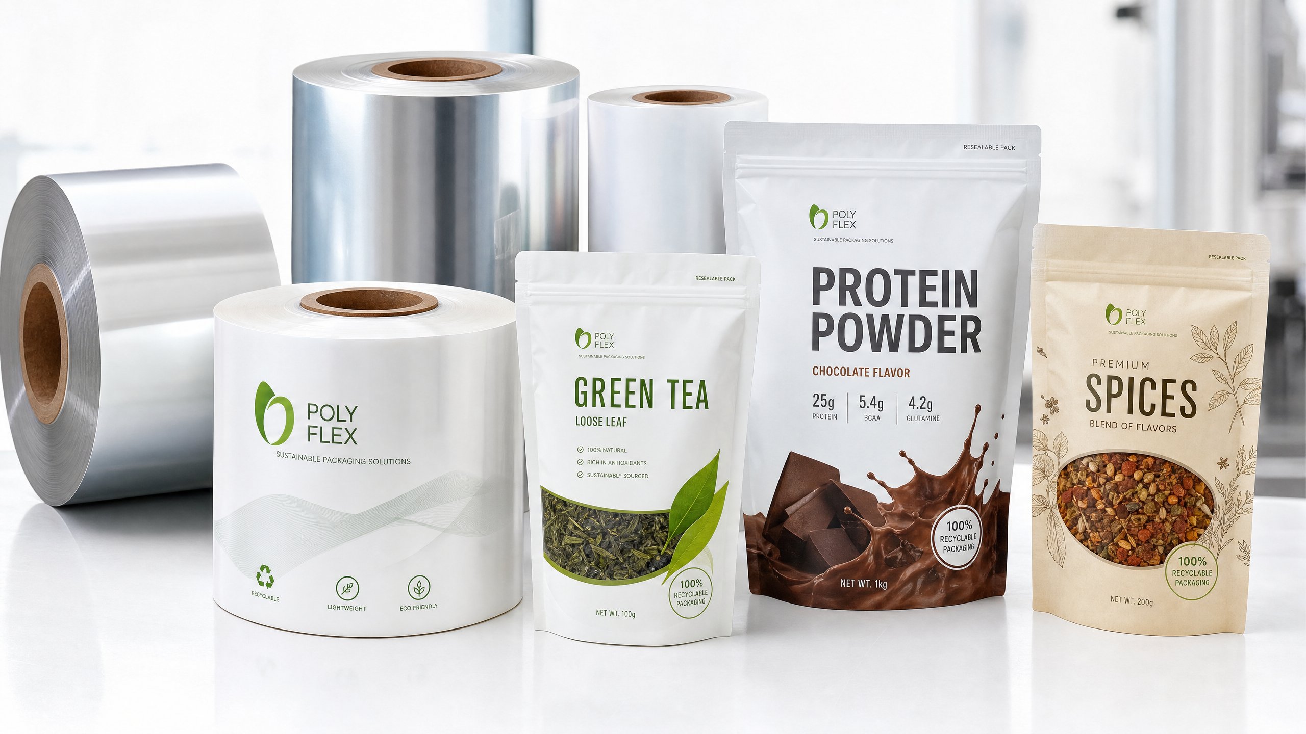 Dry food flexible film rolls and finished pouches for tea, protein powder and spices