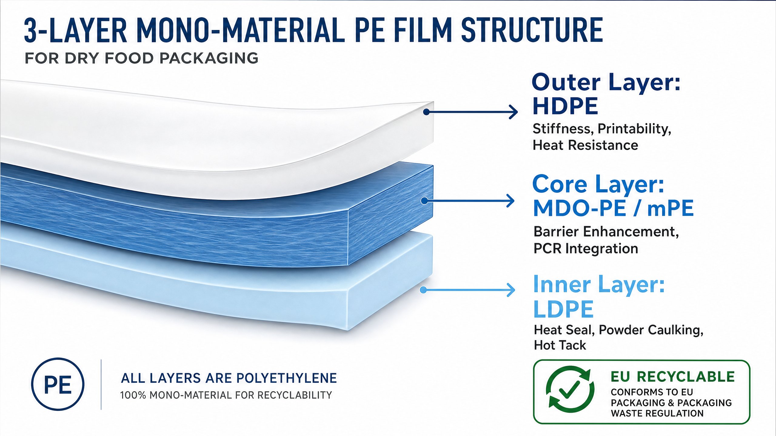3-layer mono-material PE film structure diagram showing HDPE outer layer, MDO-PE core layer and LDPE inner sealant layer for dry food packaging