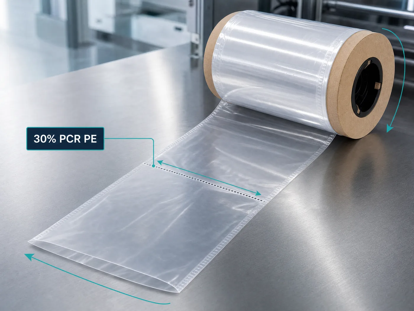 Transparent 30% PCR PE bags on a roll with a tear perforation and winding direction