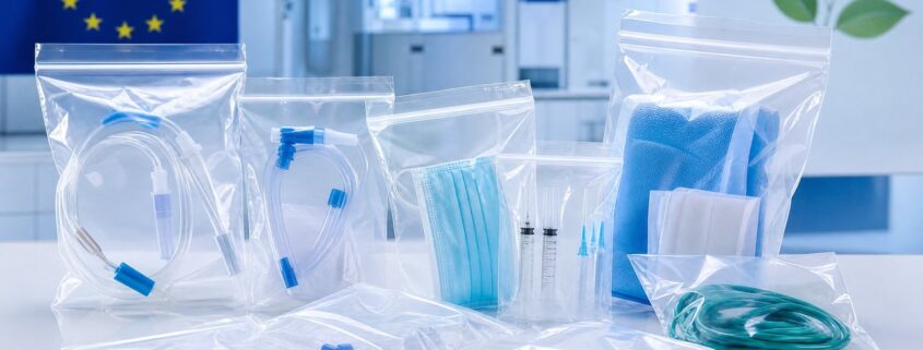 Transparent unprinted medical bags containing medical devices in a sterile clinical environment, aligned with EU PPWR packaging regulation requirements
