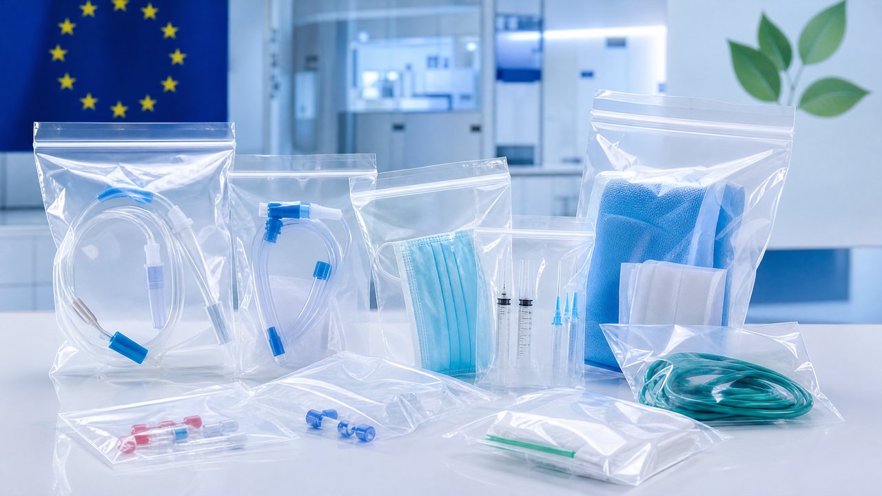 Transparent unprinted medical bags containing medical devices in a sterile clinical environment, aligned with EU PPWR packaging regulation requirements