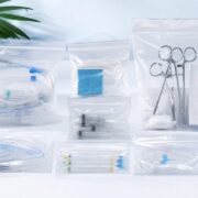Unprinted Medical Bags for PPWR-Aligned Healthcare Packaging Transparent unprinted medical bags containing surgical instruments, syringes and diagnostic kits on a clean white surface — PPWR-aligned medical packaging solution