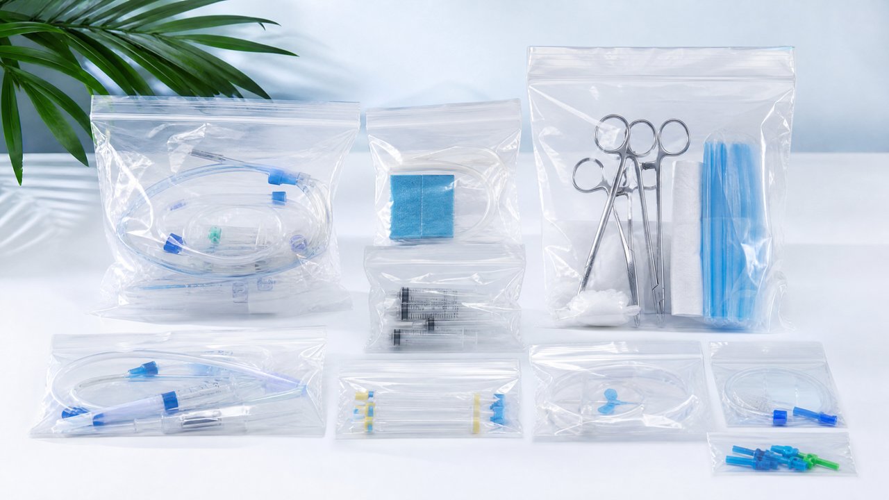 Transparent unprinted medical bags containing medical devices in a sterile clinical environment, aligned with EU PPWR packaging regulation requirements