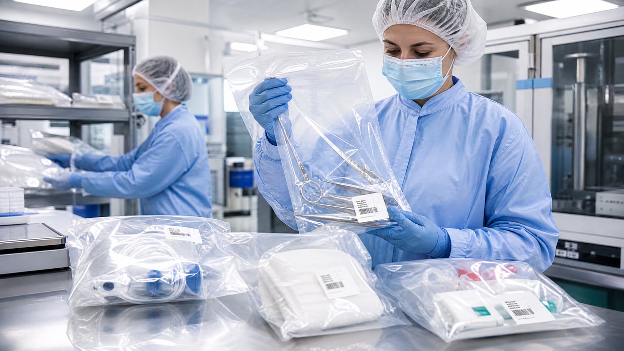 Healthcare workers in a cleanroom environment handling transparent unprinted medical bags with external UDI barcode labels for medical device packaging
