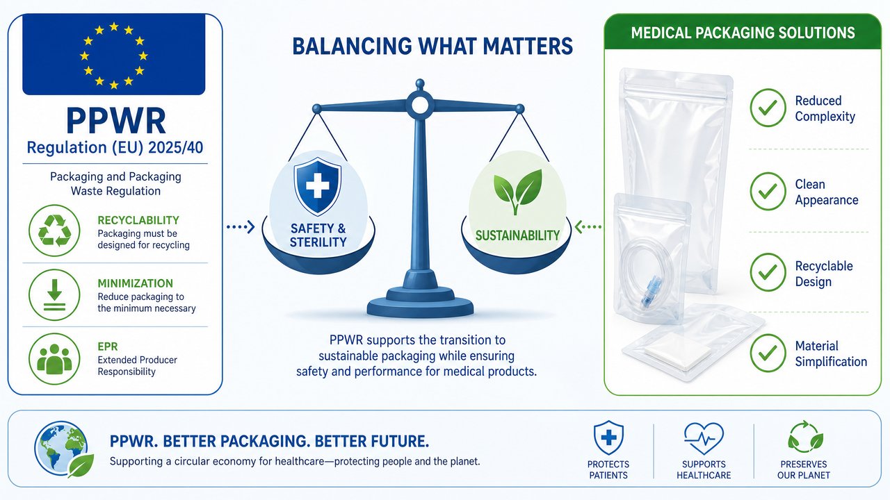 Infographic showing PPWR Regulation EU 2025/40 requirements balanced with medical packaging safety and sterility, highlighting recyclability, minimization, and EPR requirements