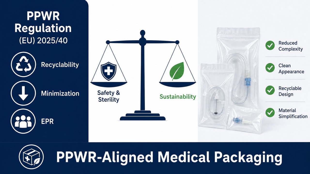 Infographic showing PPWR Regulation EU 2025/40 requirements balanced with medical packaging safety and sterility, highlighting recyclability, minimization, and EPR requirements