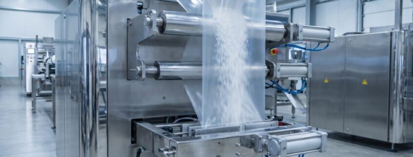 FFS machine film running through a vertical form-fill-seal packaging line