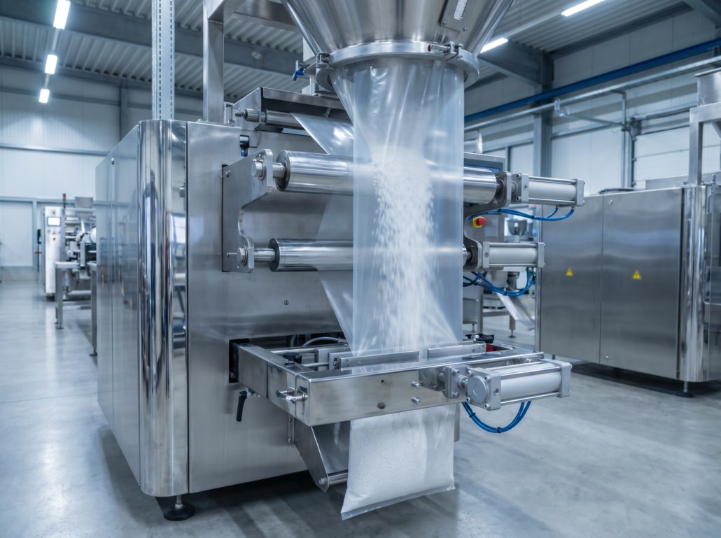 FFS machine film running through a vertical form-fill-seal packaging line