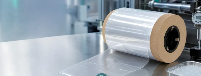 Manufacturer under PPWR guide featuring a transparent 30% PCR PE perforated bag roll