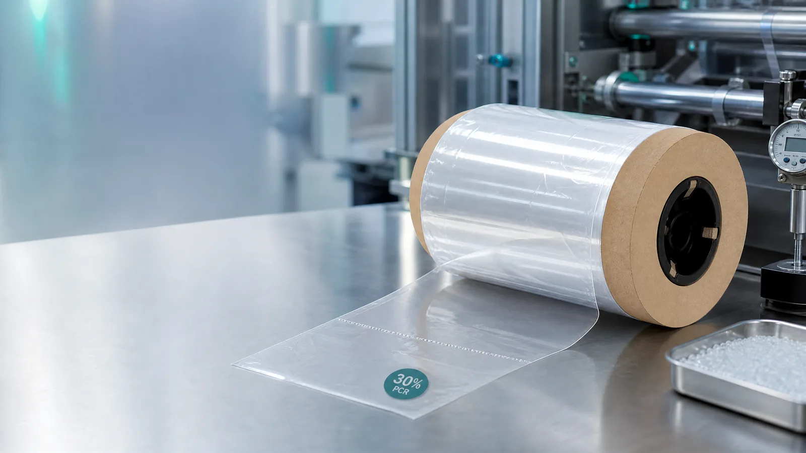 Manufacturer under PPWR guide featuring a transparent 30% PCR PE perforated bag roll