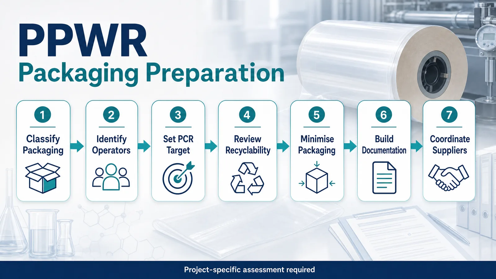 Seven-step PPWR packaging preparation workflow for classification, PCR targets and documentation